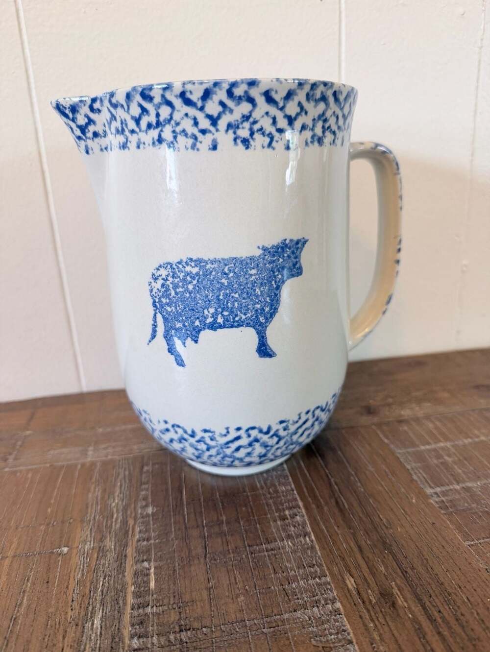 Vintage Tienshan Folk Craft Spongeware Cow and Heart 7.5" Ceramic Pitcher